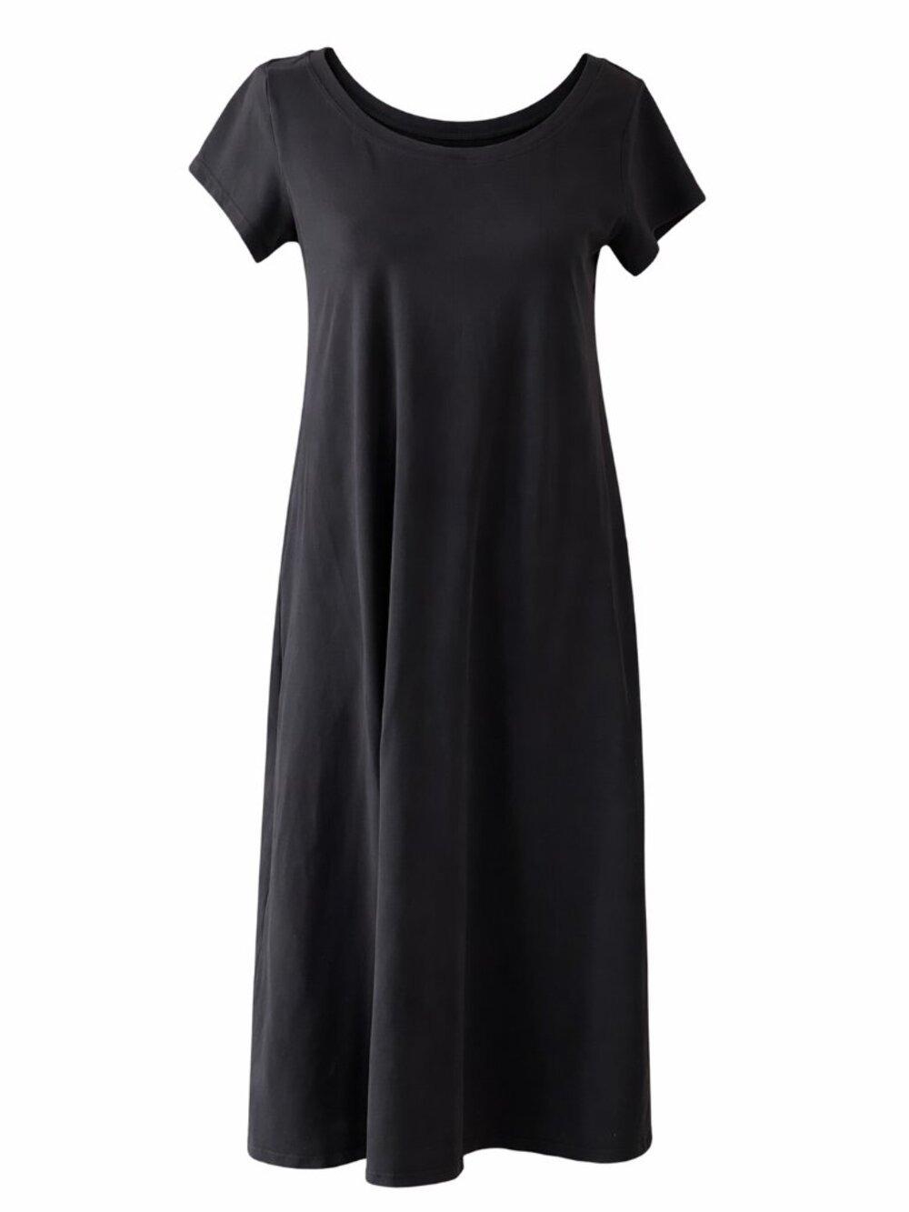 Eileen Fisher Black Midi Dress Size 4 | Minimalist Short Sleeve Shift